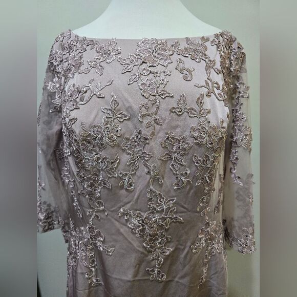 La Femme 29251 Illusion Sleeves Floral Top Dress NWT Sz 14 Light MAUVE/Pink - Picture 5 of 6